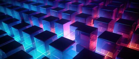 AI generated Bright neon elements and 3D cubes create a modern, tech-savvy atmosphere. photo