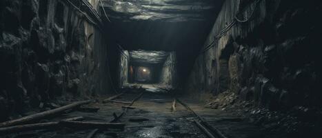 AI generated Eerie underground tunnel with abandoned train track. AI generative. photo