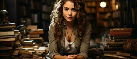 AI generated Trendy female student sitting among bookshelves in an old university library, deeply engrossed in studying. photo