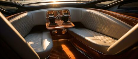 AI generated Luxury boat interior at sunset, ambient lighting. AI generative. photo