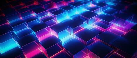 AI generated Bright neon elements and 3D cubes create a modern, tech-savvy atmosphere. photo