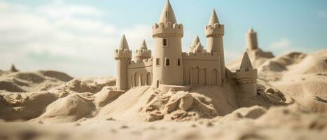 ai generado meticulosamente hecho a mano castillo de arena en contra el océano. ai generativo. foto