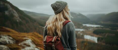 AI generated Contemplative Woman Overlooking Autumn Lake photo