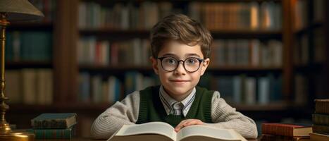 ai generado joven lector en suéter y anteojos, absorbido en encantador historia,. ai generativo. foto