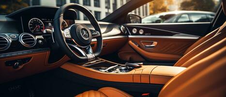 AI generated Luxury car interior with tan leather seats, classic elegance. AI generative. photo