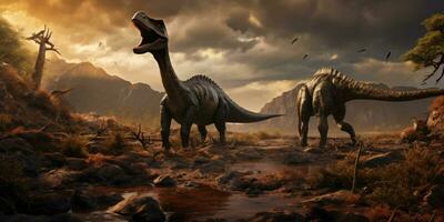 AI generated T-Rex in a prehistoric landscape, surrounded by diverse dinosaurs. AI generative. photo