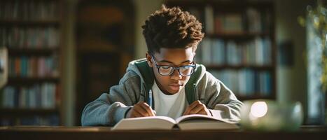 AI generated Young boy in glasses engrossed in a book at a library. AI generative. photo