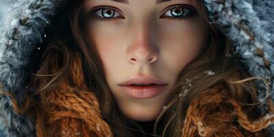 AI generated Close-up of woman in hooded coat, intense gaze, and detailed facial features. AI generative. photo