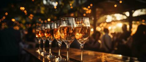 AI generated Bright and cheerful close-up of champagne glasses with fizzing bubbles, set on a table with festive decorations. photo