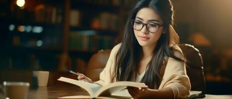 AI generated Young Asian woman engrossed in a book in a library. AI generative. photo