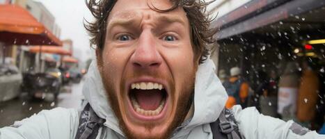 AI generated Excited Man in Snowy Urban Setting photo