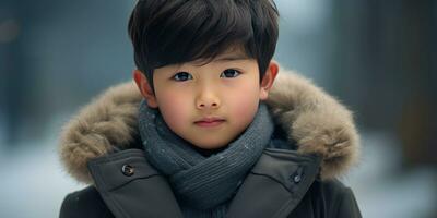 AI generated Close-up of a young Asian boy in winter attire. AI generative. photo