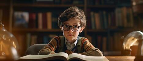 AI generated Young reader in sweater and glasses, absorbed in enchanting story,. AI generative. photo