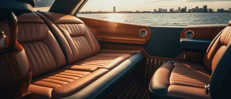 AI generated Luxury boat interior at sunset, ambient lighting. AI generative. photo
