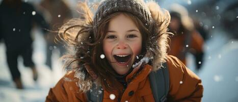 ai generado retrato de un alegre, pequeño niña vestido en un calentar invierno Saco y sombrero, riendo en medio de un nevada. foto