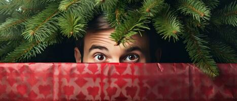 AI generated Playful man hiding behind Christmas tree. AI generative. photo