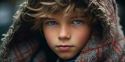 AI generated Warm, inviting image of a boy in a hooded coat. AI generative. photo