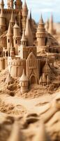 AI generated Bright and cheerful image of a sandy beach with a sandcastle. photo
