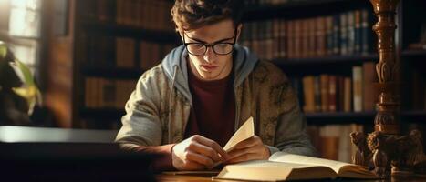 AI generated Young man in glasses deeply engrossed in a book, in a library. AI generative. photo