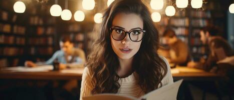 ai generado mujer en lentes absorbido en un libro a un biblioteca escritorio. ai generativo. foto