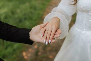 close-up photo, groom holding bride's hand, gold ring on finger, tenderness in photo, blurred background photo