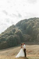 Wedding couple, walks in the mountains. Photo of a wide plan. Free space. The bride's dress develops in the wind.