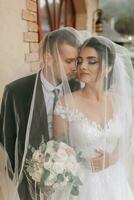Stylish newlywed European couple. The bride in a white dress. The groom, dressed in a classic black suit, white shirt, hugs the bride under the veil. Wedding in nature photo