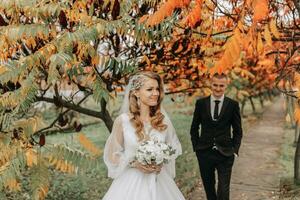 recortado retrato de un Pareja en amor en un otoño parque. un rubia novia en un Boda vestir con mangas y un ramo de flores de flores en su manos. el novio es en un clásico negro traje, blanco camisa y Corbata foto