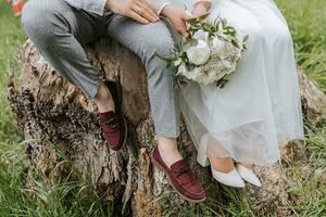 recortado foto de el novia y novio sentado en un árbol tocón en el bosque en elegante atuendo. ramo de flores de flores desde peonias, rojo Zapatos de el novio