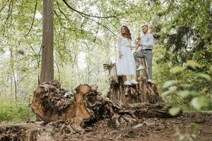 Wedding walk in the forest. The groom holds the bride's hand and they stand on a large tree stump. Wide angle photo