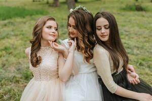 Wedding walk in the forest. Brides and their friends pose against the background of the forest. A large group of people are having fun at their friends' wedding photo