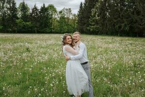 the bride and groom walk in a field with dandelions on their wedding day. The groom hugs the bride, smiles and kisses photo