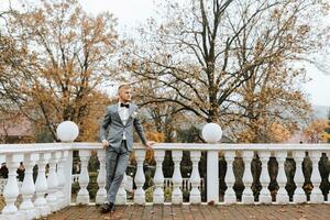 The groom in a classic suit stands by the white railing against the background of tall trees photo