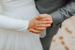 Hands of the bride and groom close-up. The groom holds the bride's hand photo