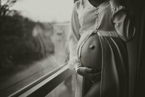de cerca estudio retrato de un hermosa embarazada joven mujer por el ventana, participación su embarazada barriga con su manos. negro y blanco foto
