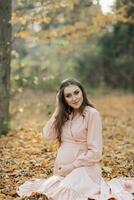 retrato de un joven embarazada mujer sentado en un amarillentas otoño hoja foto