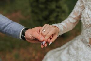 the bride and groom are tenderly holding hands close-up photo