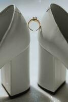 Close up of a gold ring with a diamond. Love, relationship and wedding concept. Soft and selective focus. Free space photo