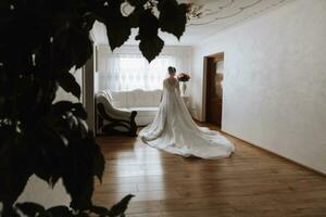 portrait of a beautiful girl in a wedding dress. Fashion, glamour, concepts. The morning of the bride, the bride dresses and prepares for the wedding ceremony photo