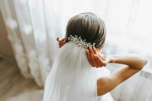 classic bridal hairstyle from behind, close-up, veil secured with handmade tiara. photo
