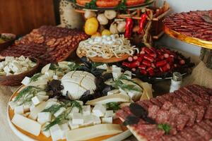 Cossack table in the best restaurants. Festive table at the wedding. National Ukrainian cuisine. Fat, sausages, alcohol. Catering. photo