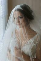 el novia es vestido en un elegante vestido, cubierto con un velo, posando y participación un flor en el ojal. Boda foto, Mañana de el novia foto