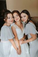 Portrait of the bride with her friends. The bride is posing in a voluminous white dress and her beautiful friends in gray evening dresses. Brunettes Open shoulders. Morning of the bride. photo