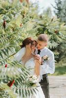 portrait of the bride and groom in the park, the bride and groom are hugging and tenderly kissing. Wedding walk in the park. Long train of the dress photo