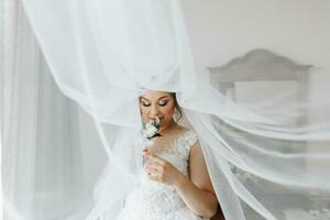 Portrait of the bride. The bride in a veil, posing with a boutonniere, on a white background. Beautiful hair and makeup. Open bust on the dress. Diadem with crystals photo