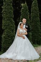 Boda retrato. el novio Besos el novia. el novia en un elegante vestido, el novio en un clásico traje en contra el antecedentes de verde arboles amable tocar. verano boda. un caminar en naturaleza foto