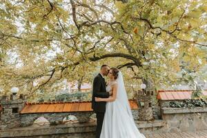 Fashionable groom and cute brunette bride in white dress with professional make-up and bouquet of flowers are hugging, laughing in park, garden, forest outdoors. Wedding photography photo