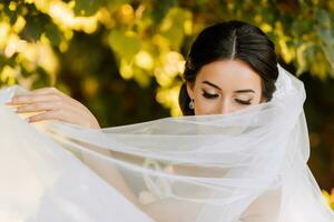 Warm sunny portrait of a happy bride with a bouquet of orchids in her hands, outdoors and at sunset. Warm summer time. A long veil, a luxurious white dress with a train. photo