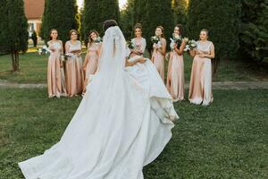 Beautiful elegant slim smiling bridesmaids in delicate pink beige summer dress on the wedding ceremony. photo