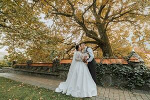 lleno cuerpo retrato de un joven novia y novio disfrutando un romántico momento fuera de a puesta de sol en un hermosa otoño día. Boda Pareja. en pie cara a cara foto